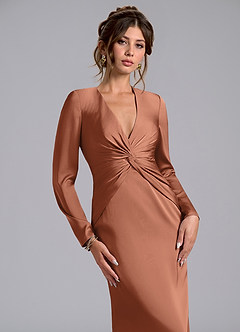 Azazie Valerie Jurken voor bruidsmeisjes Jurk van Stretch Satijn met Zeemeermin Lange mouw Bronzeertint image5