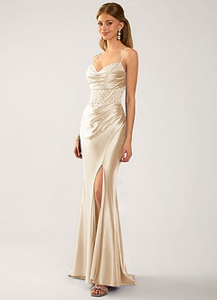 Marenmarka Champagne Beading Corset Satin Prom Dress image4