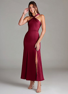 Azazie Rue Bridesmaid Dresses Burgundy Mermaid Pleated Stretch Satin Dress image1
