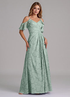 Azazie Dakota Bridesmaid Dresses Agave A-Line Off the Shoulder Floral Burnout Dress image4