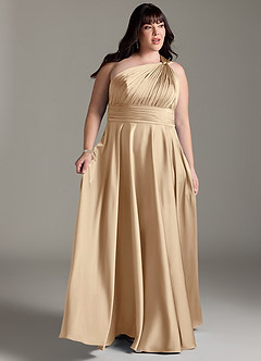 Azazie Charlize Jurken voor bruidsmeisjes Jurk van Stretch Satijn met A-lijn One-shoulder Champagne image3