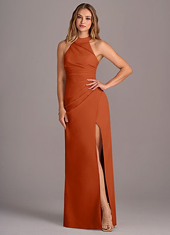 Azazie Jemma Bridesmaid Dresses Burnt Orange Sheath Pleated Chiffon Dress image4
