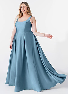 Azazie Neve Jurken voor bruidsmeisjes Jurk van Stretch Satijn met Baljurk met Zakken Staal Blauw image9