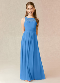 Azazie Bibiane Junior Abito A-Line in Chiffon Plissettato Blue Jay image1