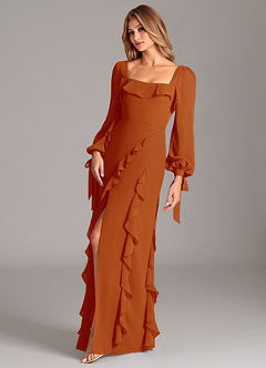 Azazie Candice Vestidos de damas de honor Vestido de Pimenton de Gasa de Corte en A con Manga larga image3
