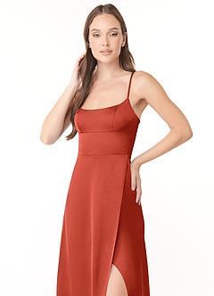 Azazie Halsey Final Sale Rust A-Line Side Slit Stretch Satin Dress image6