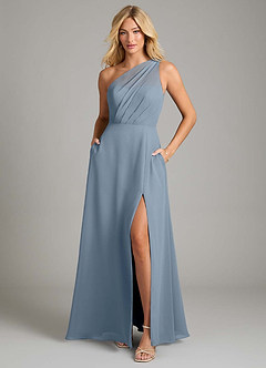 Azazie Phaedra Bridesmaid Dresses Dusty Blue A-Line One Shoulder Chiffon Dress image3