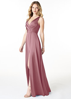 Azazie Nelly Bridesmaid Dresses Vintage Mauve A-Line V-Neck Pleated Stretch Satin Dress image3