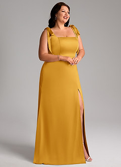 Azazie Frostine Vestidos de damas de honor Vestido de Caramelo de Satén Elástico de Corte en A con Lazo image3