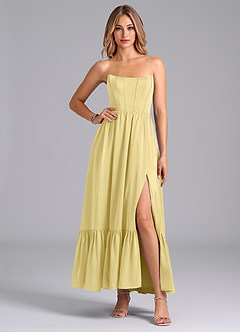 Azazie Leilana Bridesmaid Dresses Lemon Sorbet A-Line Corset Stretch Satin Dress image4
