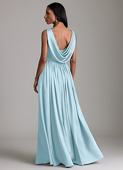 Azazie Novi At-home Try On Dresses Sky Blue A-Line with Pockets Stretch Satin Dress image2