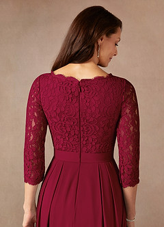 Azazie Lucianna At-home Try On Dresses Burgundy A-Line Lace Dress image8