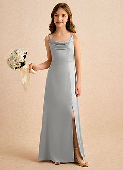 Azazie Shira Girls Formal Robe Demoiselle D'honneur Fillette Robe Trapèze en Satin extensible Plissée Argent image5
