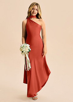 Azazie Briony Junior Rust Sheath Pleated Stretch Satin Dress image1