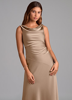 Azazie Nerine Bridesmaid Dresses Taupe A-Line Pleated Stretch Satin Dress image6