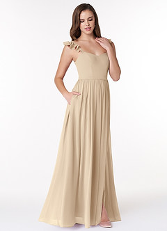 Azazie Metz Robes de demoiselle d'honneur Robe Trapèze en Mousseline de soie Froncé en cœur Champagne image3