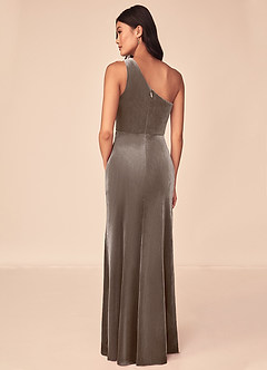 Azazie Argan Bridesmaid Dresses Silver Taupe A-Line One Shoulder Pleated Velvet Dress image5