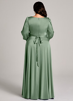 Azazie Leonia Abiti da Damigella Abito A-Line in Raso Elasticizzato Manica Lunga Matcha image13