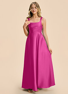 Azazie Azaria Junior Fuchsia A-Line Pleated Stretch Satin Dress image6