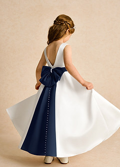 Azazie Cherry Flower Girl Dresses Ivory Dark Navy Ball-Gown Pleated Matte Satin Dress image4
