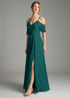 Azazie Dakota Bridesmaid Dresses Peacock A-Line V-Neck Pleated Chiffon Dress image4