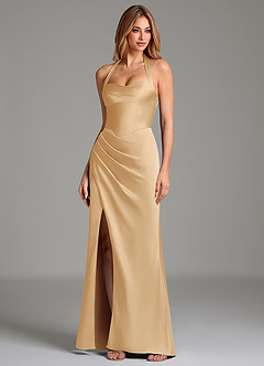 Azazie Serenity Robes de demoiselle d'honneur Robe Sirène en Satin extensible Décolleté en cœur Or image4