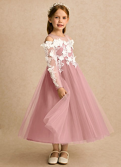 Azazie Lilah vestidos de niña de las flores Vestido Rosa Polvorienta de Tul de Línea A con Encaje image3