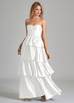 Azazie Faye Bridesmaid Dresses White A-Line Ruched Stretch Satin Dress image6