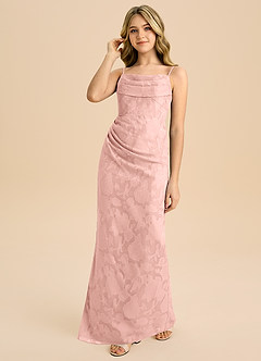 Azazie Mai Junior Powder Pink Sheath Pleated Floral Burnout Dress image6