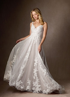 Azazie Delaina Vestidos de novia Vestido de Blanco Diamante Moca de Tul de Corte en A con Lentejuelas cuello pico image4