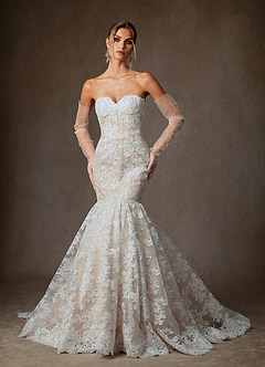 Azazie Janice Wedding Dresses Diamond White Champagne Mermaid Strapless Lace Dress image1