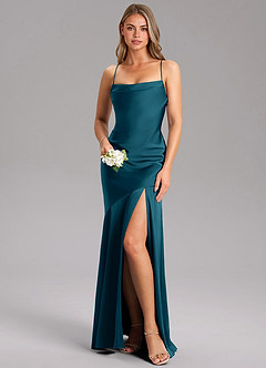 Azazie Grata Bridesmaid Dresses Ink Blue Sheath Side Slit Stretch Satin Dress image1