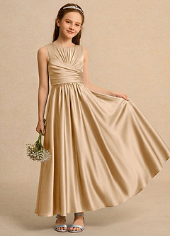 Azazie Ducky Girls Formal Flower Girl Dresses Gold A-Line Pleated Stretch Satin Dress image1