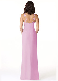 Azazie Leo Vestidos de damas de honor Vestido de Rosa Caramelo de Gasa de Corte Sirena con Cuello en V Plisado image2