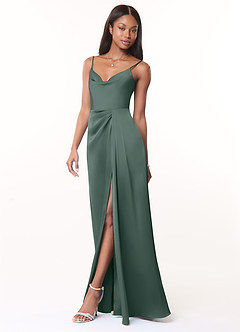 Azazie Brielle Vestidos de damas de honor Vestido de Musgo Marino de Satén Elástico de Corte en A con Tirantes finos con capucha image3