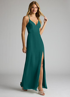 Azazie Becca Bridesmaid Dresses Peacock Sheath V-Neck Chiffon Dress image2