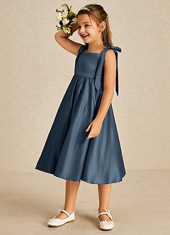 Azazie Chelsie Flower Girl Dresses Neptune A-Line Bow Matte Satin Dress image4