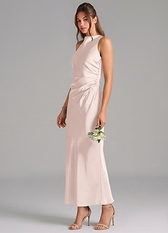 Azazie Evadne Bridesmaid Dresses Blushing Pink Sheath Pleated Stretch Satin Dress image1