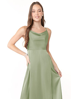 Azazie Naomie Bridesmaid Dresses Dusty Sage A-Line Cowl Neckline Side Slit Stretch Satin Dress image5
