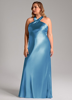Azazie Doretta Bridesmaid Dresses Steel Blue Mermaid Bow Metallic Satin Dress image12