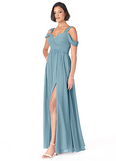 Azazie Lianne Robes de demoiselle d'honneur Robe Trapèze en Mousseline de soie Épaule décolletée Bleu Maussade image3