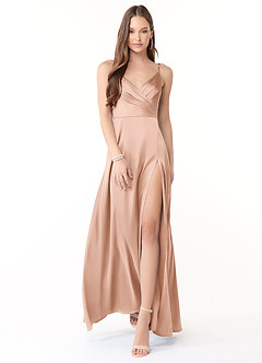 Azazie Dalilah Bridesmaid Dresses Rose Gold A-Line V-Neck Pleated Stretch Satin Dress image1