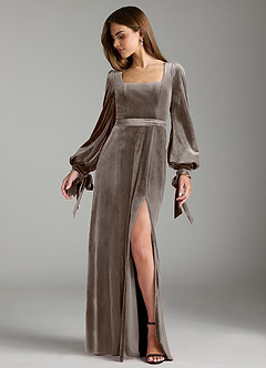 Azazie Leonia Bridesmaid Dresses Silver Taupe A-Line Long Sleeve Velvet Dress image3