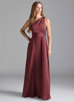 Azazie Dallas Bridesmaid Dresses Merlot A-Line One Shoulder Stretch Satin Dress image3