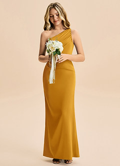 Azazie Akilah Junior Butterscotch Sheath Pleated Stretch Satin Dress image4