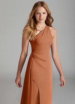 Azazie Maron Junior Copper A-Line Pleated Stretch Satin Dress image3