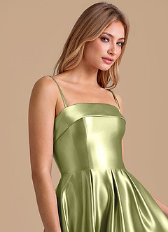 Azazie Lucienne Bridesmaid Dresses Pistachio A-Line Pleated Metallic Satin Dress image7