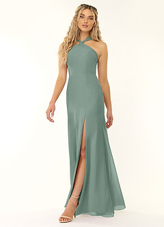 Azazie Rue Vestidos de damas de honor Vestido Salvia Plateada de Gasa de Línea A con Halter image5