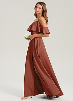 Azazie Jean Bridesmaid Dresses Auburn A-Line Off the Shoulder Stretch Satin Dress image5