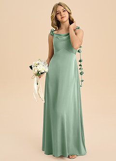 Azazie Gumdrop Junior 엠파이어 주름진 스트레치 새틴 플로어 길이 주니어 신부 들러리 드레스 image2